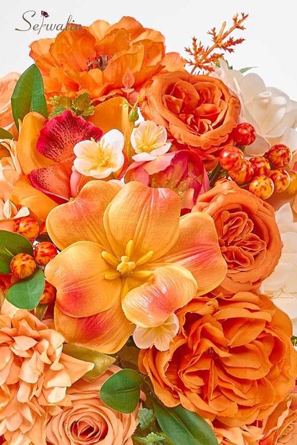 Serwalin 11 Inch Wedding Bouquets for Bride Bridesmaid,Fall Cascading Orange Bridal Bouquets for Bride,Wedding Ceremony and Anniversary Day Decor