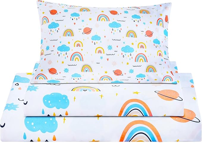 Viviland 3 Pieces Girls Rainbow Twin Sheet Set - Soft Microfiber Fitted Flat Sheets & Pillowcase - Colorful Cloud Bedding Sets - for Kids & Toddlers
