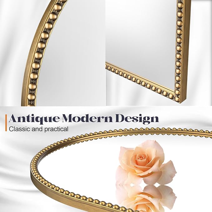 Beaded Arched Mirror for Wall, 30"x40" Gold Arch Brass Bathroom Mirrors, Champagne Bronze Vintage Metal Frame Decorative Mirror for Mantle,Bedroom Dressing Room Entryway Fireplace