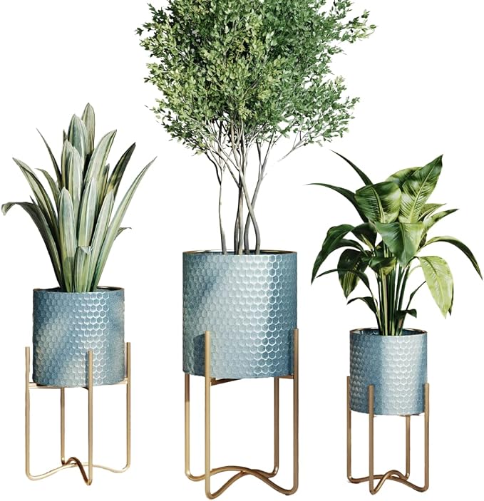 EverNest Mid-Century Modern Rhys Honeycomb Embossed Planter Pot With Ambrose Stand, Metal Indoor Plant Pots, Blue Green Bohemian Style (Set Of 3)