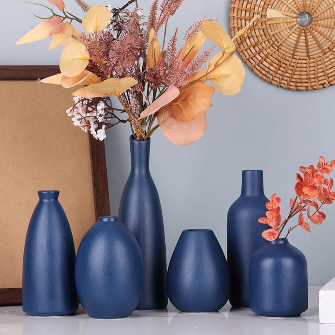 Blue Ceramic Vase - Set of 6 Blue Bud Vases, Modern Farmhouse Navy Blue Decorative Vases for Home, Office, Living Room, Table Decor - Ideal Centerpieces for Flowers, Shelf and Fireplace Accents