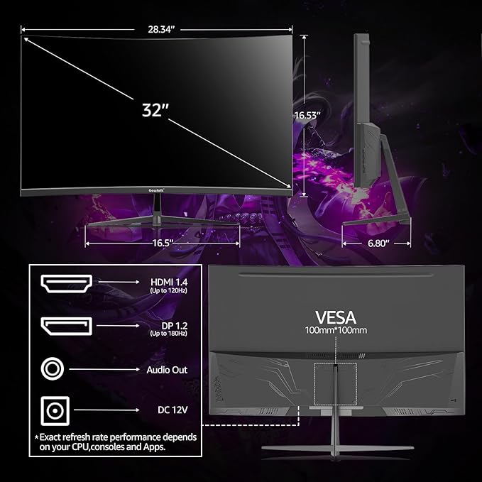 Gawfolk 32 Inch Curved Gaming Monitor, 180Hz QHD (2560x1440) 2K Computer Monitor with FreeSync, DisplayPort, HDMI, Wall Mountable, Eye Care for Home Office & Gaming