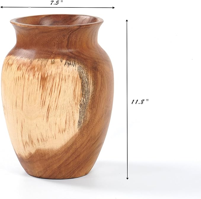 Acacia Wood Vase 7.5" x 7.5" x 11.8" H Handcrafted Natural Brown Wooden Vase Rustic Flower Holder for Entry Table Vintage Artworks Planter for Living Room Home Christmas Décor