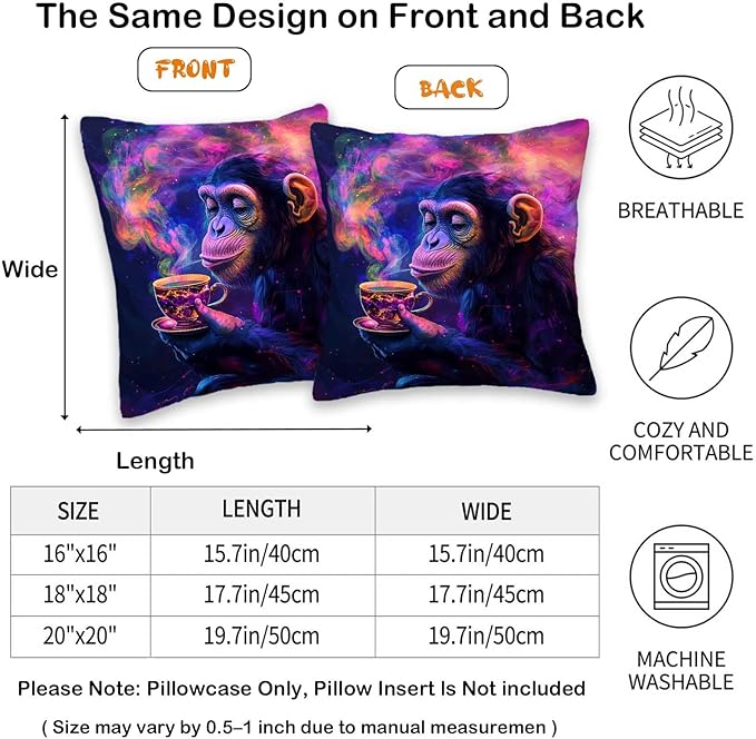 Trippy Monkey Throw Pillow Covers Set of 2 | Hippie Decorative Square Cushion Cases for Sofa, Bed and Living Room | 18x18 Inches | Fun Pillowcases for Home Decor