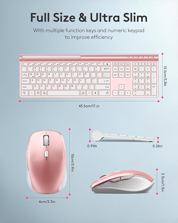 Samsers Wireless Keyboard and Mouse Combo Ultra Slim Rechargeable Dual-Mode (Bluetooth 5.0x2 +2.4G) Silent Keyboard and Mouse Set, Multi-Device Full-Size Design for MacOS/iOS/Android/Windows - Pink