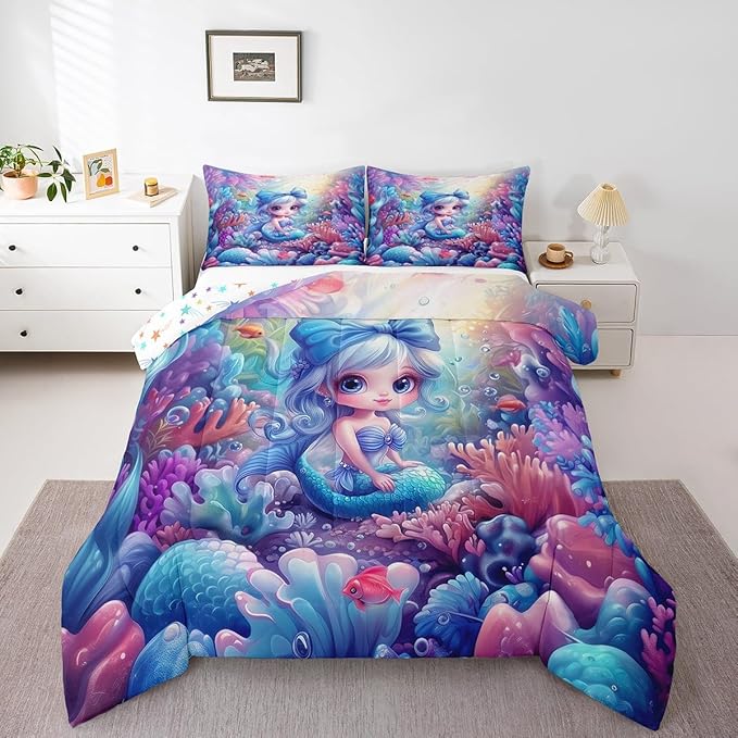 Cute Mermaid Comforter Set King Size,Beautiful Mermaid Fairy Tale Reversible Bedding Set All Season Quilt Set,Watercolor Coral Cartoon Undersea World Microfiber Polyester Down Comforter