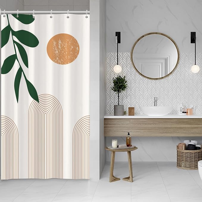 Boho Mid Century Shower Curtain Abstact Arch Sun Leaves Modern Minimalist Geometric Plant Aesthetic Shower Curtains Polyester Fabric Bathroom Decoration Curtain with Hooks 36x72 inch