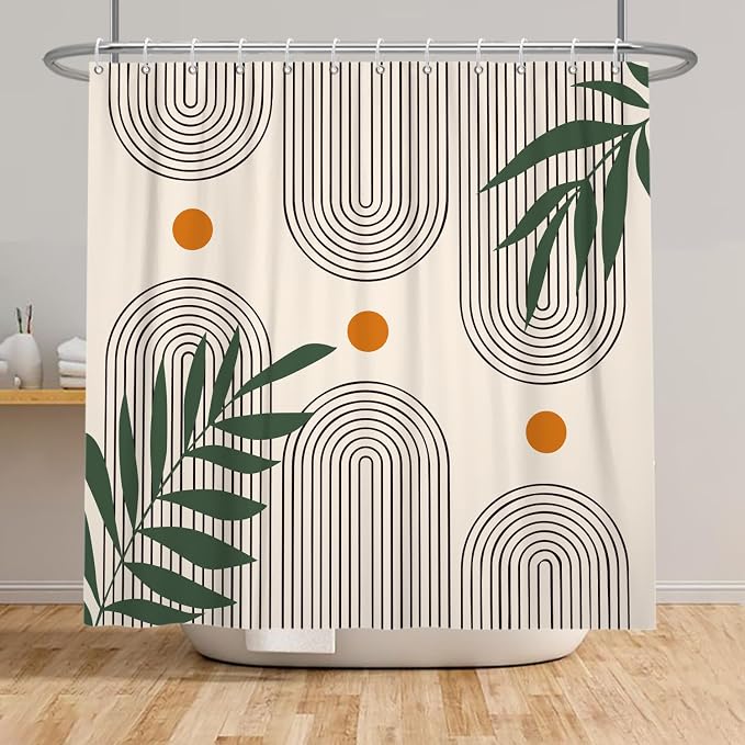 Boho Mid Century Shower Curtain Bohemian Minimalist Geometric Arch Sun Bathroom Curtain Sage Green Plant Polyester Shower Curtain Sets for Bathroom Extra Long 72x78 in with 12 Hooks