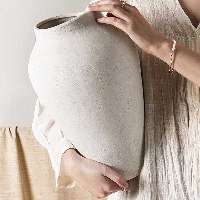 9.8 Inch + 13.6 Inch Ceramic Vase for Centerpieces, Farmhouse Rustic Minimalist Home Decor for Living Room, Enterway, Wedding (Sandstone White)