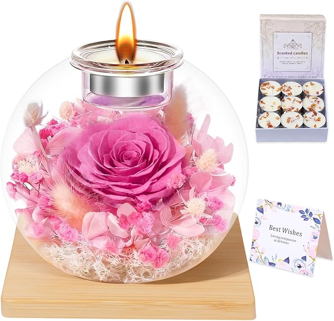 DEEMEI Gifts for Women Christmas Birthday Gifts for Women Preserved Real Rose in Glass Dome with Scented Fresh Flowers for Delivery Prime Eternal for Her Mom Grandma Wife Girlfriend Sister, Pink