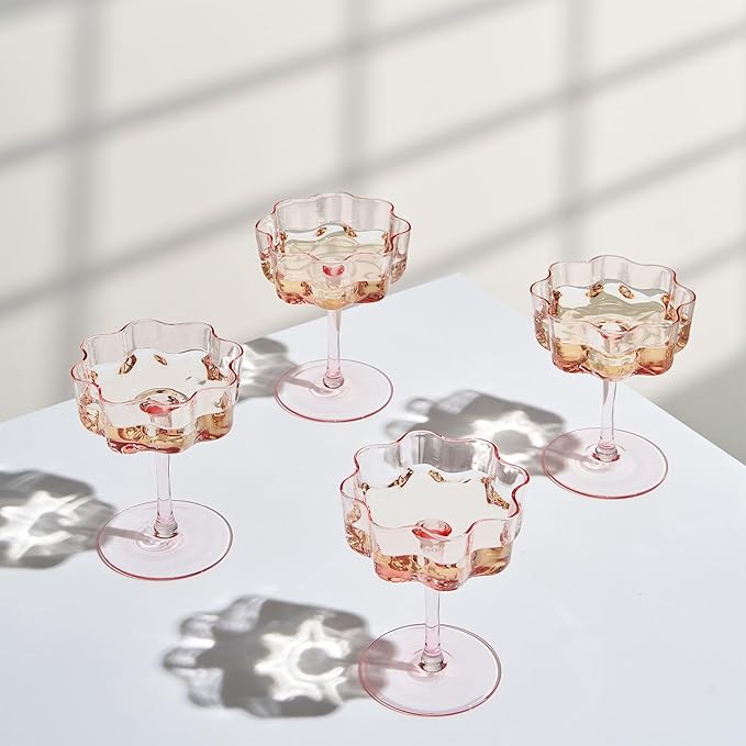 Flower Scalloped Vintage Wavy Petals Wave Glass Coupes 7oz Colorful Martini, Champagne & Cocktails, 4 Set Pink Rippled Champagne Glasses, Elegant Bar Glassware, Unique Aesthetic Coupe Glassware Gifts