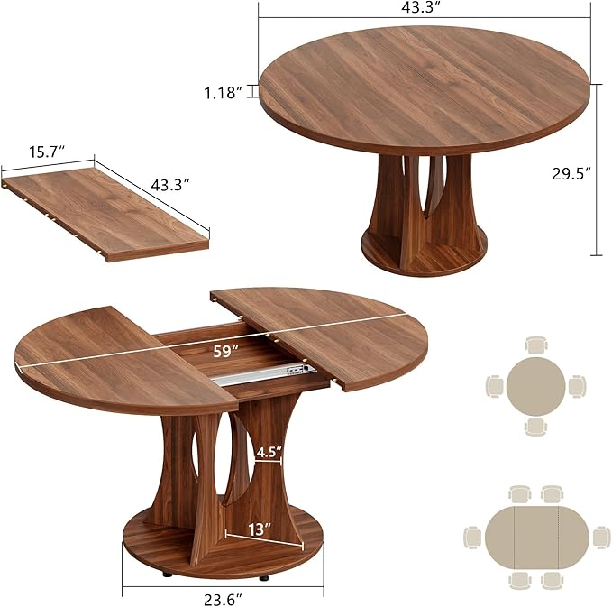 Einhomn 43-59" Extendable Round Dining Table, Kitchen Table for 4-8, Farmhouse Circle Dining Room Table with Removable Leaves,Hidden Storage, Space Saving Wood Kitchen & Dining Room Furniture, Walnut