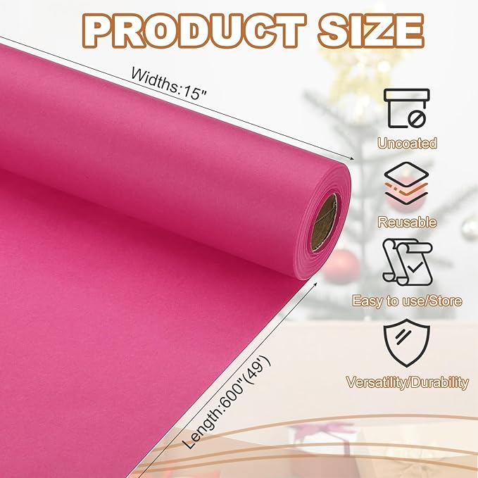PATIKIL Wrapping Paper, 15" x 600"(49') 70 GSM Craft Paper Roll Kraft Packing Paper for Poster Bulletin Board, Gift Wrapping, Dark Pink
