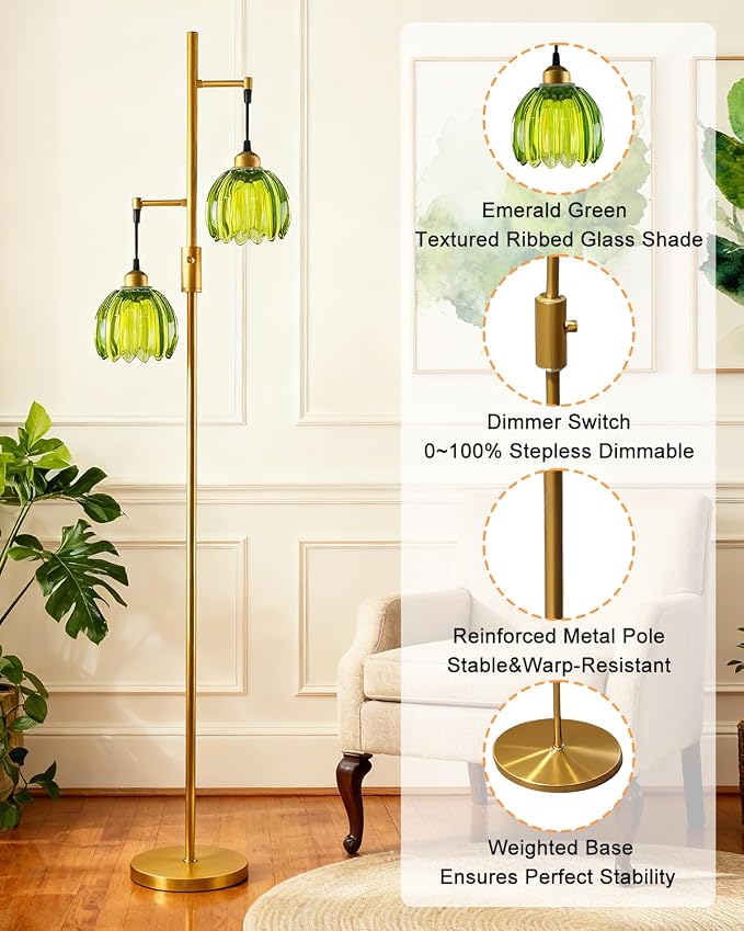Lightdot 2-Light Glass Floor Lamp for Living Room, Dimmable Gold Floor Lamps with Green Glass Shade& Bulb Included, Modern Standing Tall Lamp with 5Lbs Heavy Base for Bedroom/Sofa Beside/Corner Decor
