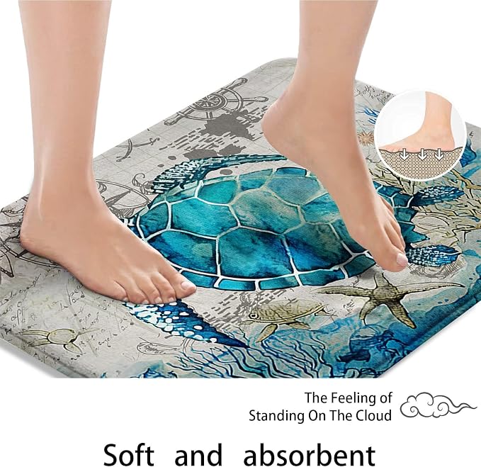 Britimes Bath Mat for Bathroom, Blue Turtle Washable Cover Floor Rug Carpets Floor Mat Bathroom Decorations 20x32 Inches for Kitchen Bedroom Indoor