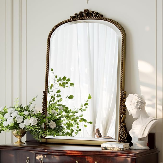 24"×32" Gold Wide Arched Wall Mirror, Vintage Carving Bathroom Vanity Makeup Mirror, as Wall Decor Hanging Leaning for Fireplace Mantle, Living Room, Bedroom, Vanity Area