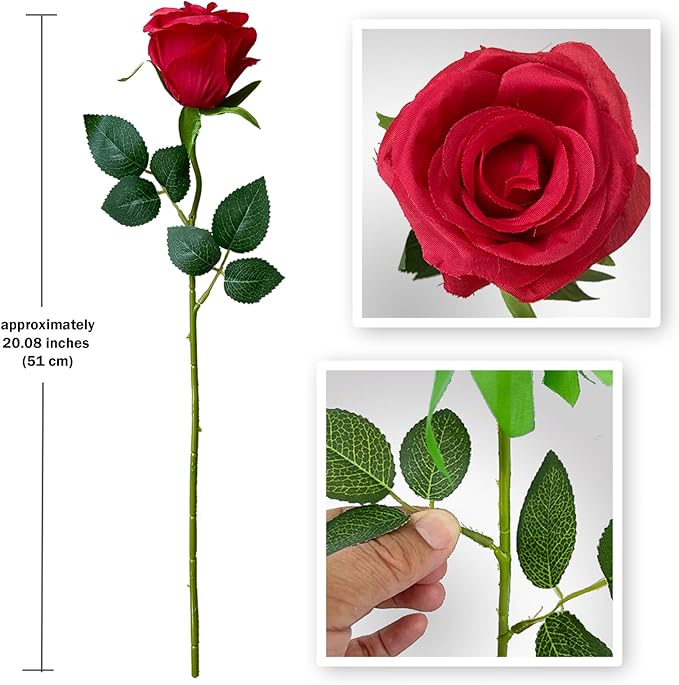 12 PCS Rose Artificial Silk Flowers, Fake Roses with Long Stems Realistic Faux Rose Flower Bouquets for Home Wedding Decoration Party-Red