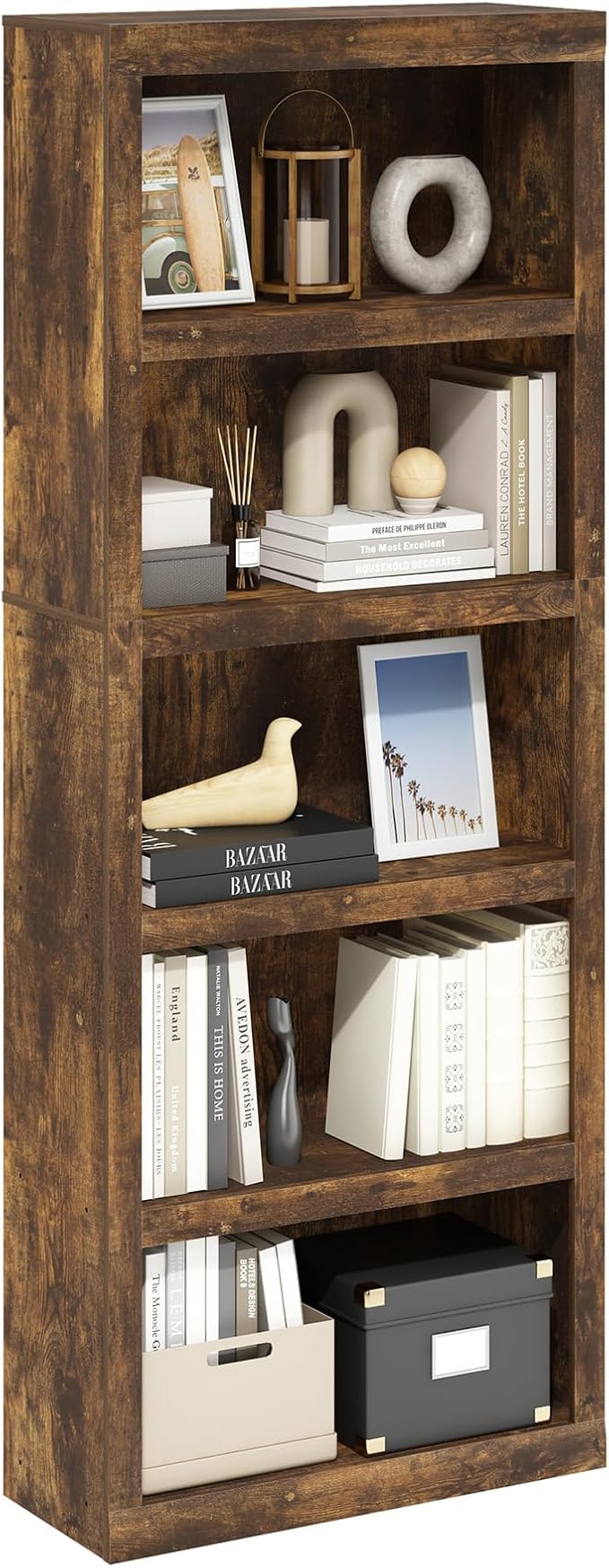 Furinno Rail Book Shelf, 5-Tier Bookshelf, Bookcase with Open Shelf, 10.1 x 24.6 x 63.5, for Living Room, Bedroom, Home Office, Amber Pine