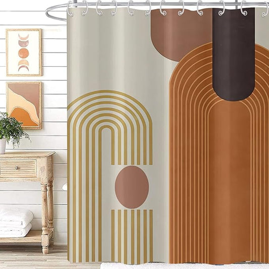 Mid Century Modern Shower Curtain, Boho Brown Abstract Arch Geometric Machine Washable Waterproof Stall for Bathroom Bathtub with Hooks 60Wx72H