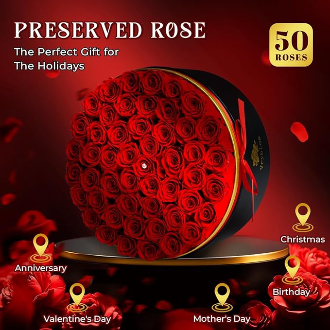 50 Forever Red Roses in a Box Preserved Flowers 100% Real Immortal Rose for Delivery Prime Graduation Birthday Home Decor Flower Eternal Rosas for Her Women Mom Wife Girlfriend