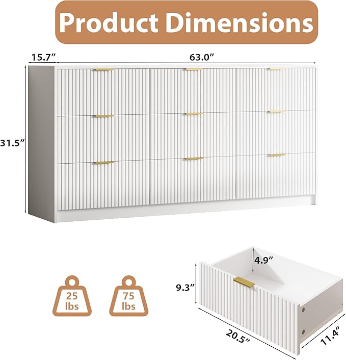 3-Piece Dresser Bedroom Set, 9 Drawer Dresser & 3 Drawer Nightstands with Gold Handles, Fluted Wood Chest of Drawers for Bedroom, Living Room, Entryway, White