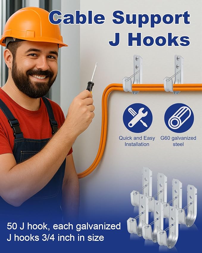 100 Pcs 2" Galvanized Steel J-Hooks, Heavy Duty Wall Mount Cable Support J Hook with Retainer Clip for Cable Management