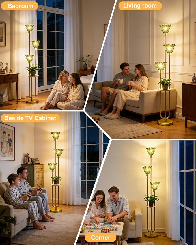 Lightdot Green Glass Floor Lampfor Living Room Gold Floor Lamp with Glass Shade & 3000K Bulbs Included 3-Lights Modern Tall Standing Lamp with 5Lbs Heavy Base for Bedroom/Sofa Beside/Corner Decor