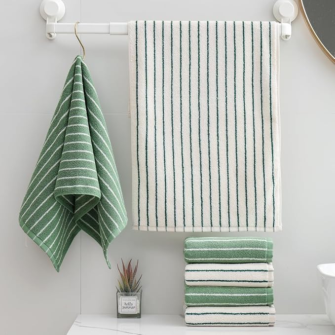 Green Stripe Towels Set of 6，Ultra-Absorbent & Quick-Drying Bathroom Hand Towels 100% Cotton Face Towels, Soft Hand Towels for Bathroom，13” x 29”