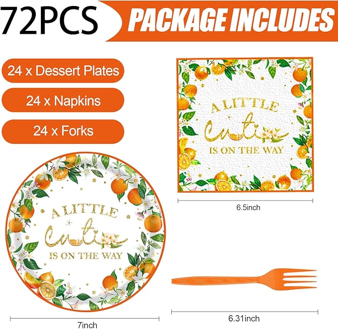 72 Pcs Little Cutie Baby Shower Party Supplies - Orange Birthday Decorations, Paper Plates and Napkins Set - A Little Cutie is on The Way Tableware Serves 24