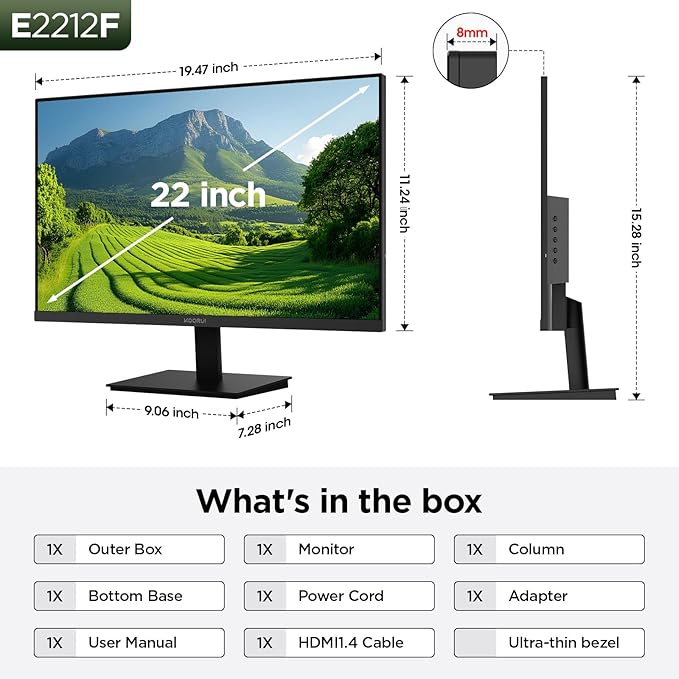 KOORUI 22 Inch Computer Monitor Full HD 1080P 100Hz PC Gaming Screen VA Panel Ultra-Slim Display 3000:1 Contrast Ratio with Adpitive Sync (HDMI/VGA/VESA Compatible 100x100mm/Audio Out), Tilt, Black