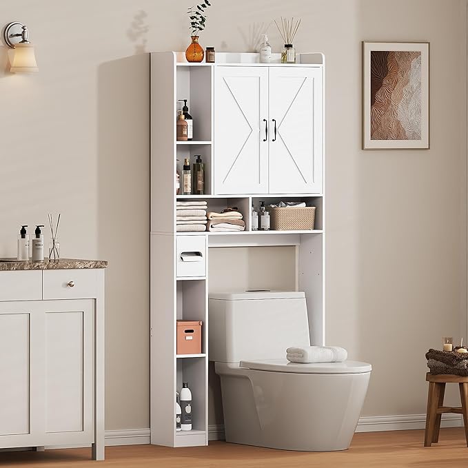 Over the Toilet Storage Cabinet, 31”W Bathroom Organizer with Double Doors, Above Toilet Rack, Detachable Toilet Paper Holder for Bathroom & Laundry Room White