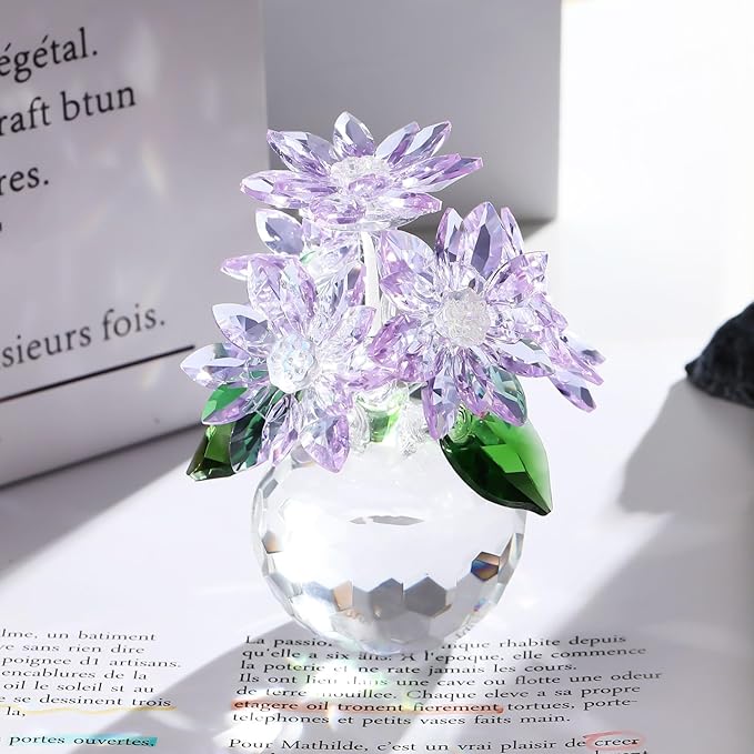 YWHL Purple Crystal Flower Figurines Decor, Beautiful Glass Flower Statue with Crystal Stand, Art Collectible Figurine Gifts for Wife Girlfriend