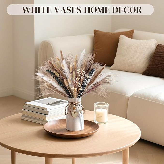 DomeStar White Flower Vase, Small Ceramic Vase Modern Home Decor with Grooves and Hanging Rope for Wedding Baby Shower Party Gift