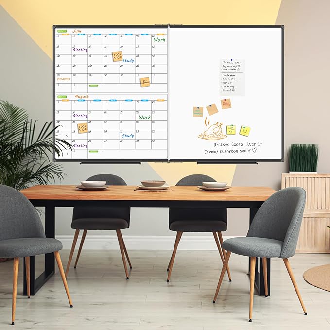 JILoffice Magnetic Foldable Dry Erase Calendar Whiteboard Combo, 2 Month Calendar Board & White Board 72 X 40 Inch, Black Aluminum Frame Wall Mounted Board for Office Home and School