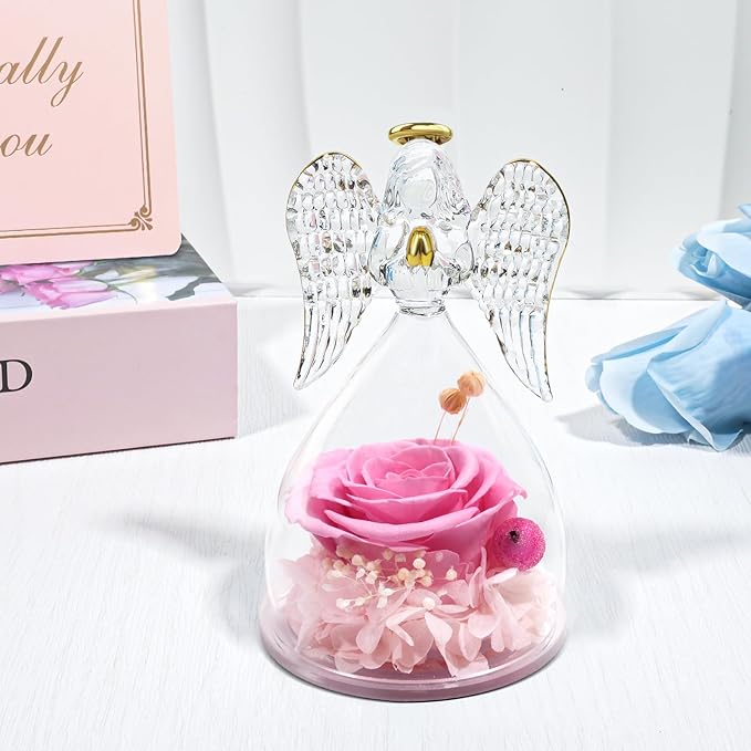 Yamonic Mom Birthday Gifts for Mom, Angel Figurines with Real Rose Gifts for Her Mom Grandma,Preserved Flowers Rose Angel Figurines for Mothers Day Christmas Anniversary Birthday Gifts for Her (Pink)