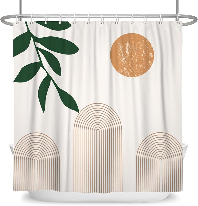 Boho Mid Century Shower Curtain Abstact Arch Sun Leaves Modern Minimalist Geometric Plant Aesthetic Shower Curtains Polyester Fabric Bathroom Decoration Curtain with Hooks 72x84 inch