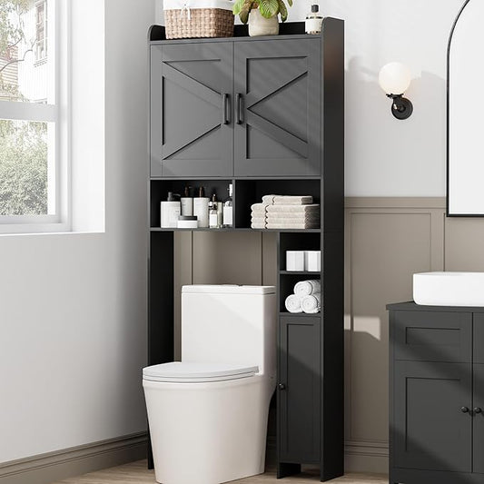 Homhedy Over The Toilet Storage Cabinet with 2 Barn Door and Toilet Paper Holder Stand, FreeStanding Toilet Shelf Space Saver, for Bathroom, Restroom, Laundry, Black