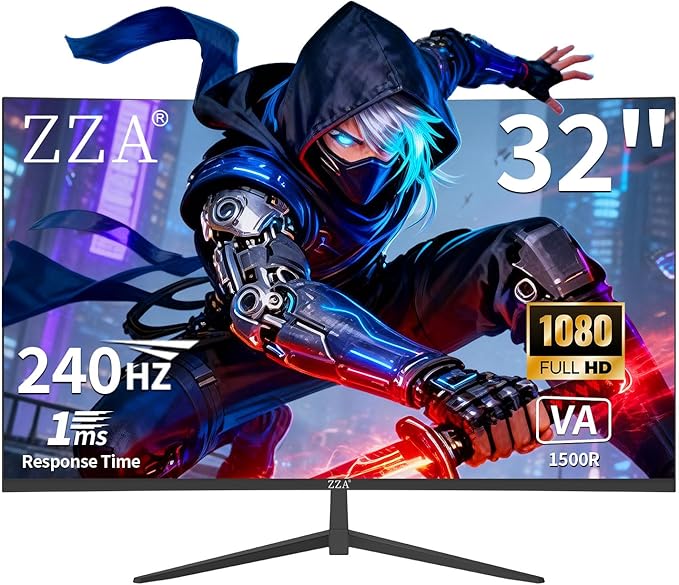 ZZA 32" 1K HDR Gaming Curved Monitor - FHD (1920x1080), 240Hz,1500R, 1ms, Extreme Low Motion Blur, FreeSync Premium, VESA Mountable, DisplayPort, HDMI