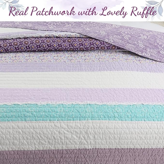 Cozy Line Home Fashions Purple Baby Blue Floral Striped Ruffle Girl 100% Cotton Reversible Quilt Bedding Set, All-Season Coverlet Bedspread (Lilac Flower, Twin-2 Piece)