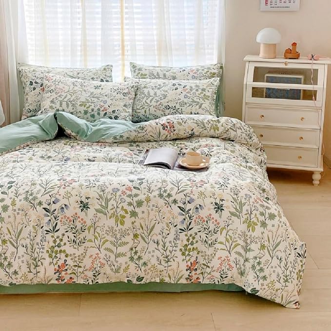 Botanical Floral Duvet Cover Twin Fresh Soft 100% Cotton Comforter Cover Floral Print Cottagecore Bedding Set with 2 Pillowcases Vintage Country Wildflower Comforter Cover with Zipper Closure Twin