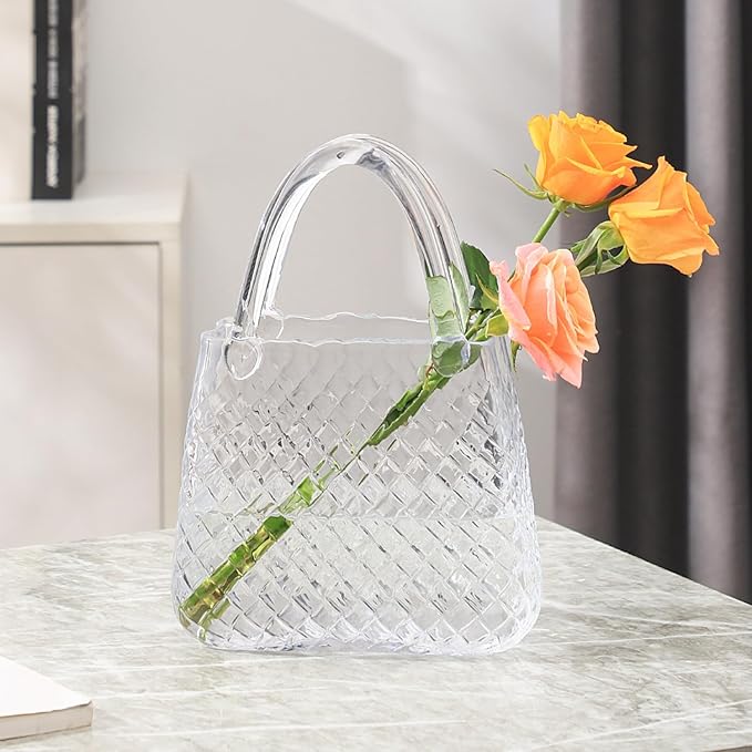 Purse Vase, Glass Bag Vase, Glass Purse Vase for Flowers, Clear Vases, 12 Inch Large Flower Vase with Embossed Pattern for Wedding, Living Room, Bedroom, Table, Office(Round)