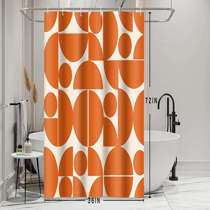 Vintage Orange Mid Century Modern Shower Curtain Boho Abstract Geometric Art Shower Curtains for Bathroom Decor 36x72 Inch 70s 80s Retro Washable Fabric Bathroom Set with 6 Hooks