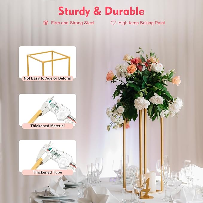 4Pcs Gold Wedding Flower Stands, 4 Different Sizes Metal Column Flower Holders Gold Flower Centerpieces Stands Wedding Metal Centerpieces Rectangular Vase for Wedding Decorations Party Event (4Pcs)