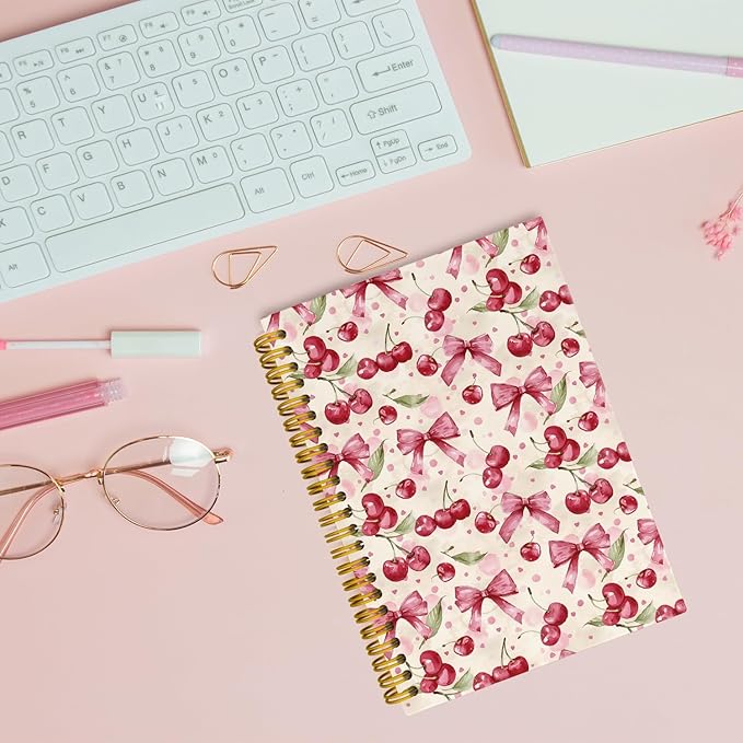 JKMBN Coquette Pink Bow Cherry Spiral Notebook for Women Girls, Vintage Journaling Notebooks, Cute Pink Notebook Journal, Pink Office Supplies, Hardcover Spiral Lined Notebook 5.5 x 8.3