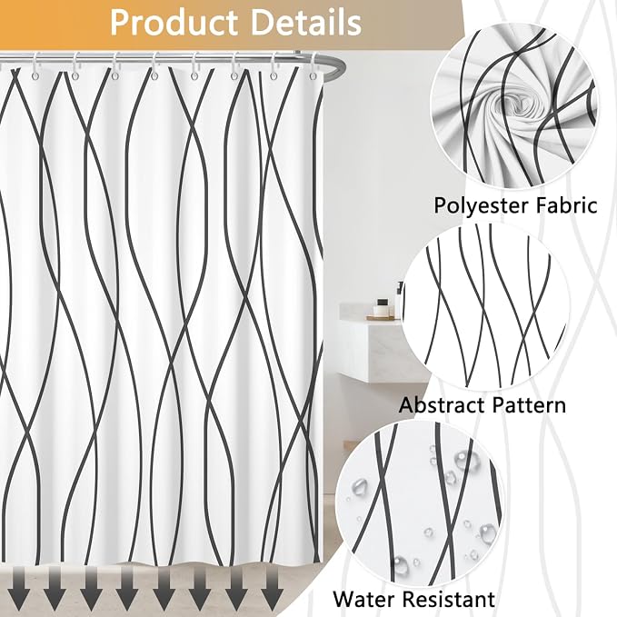 Grey and White Striped Shower Curtain, Abstract Geometric Modern Minimalist Shower Curtains for Bathroom with Hooks, Hotel Style Waterproof Fabric Shower Curtain Set, Weighted Hem, 72x72 Inch