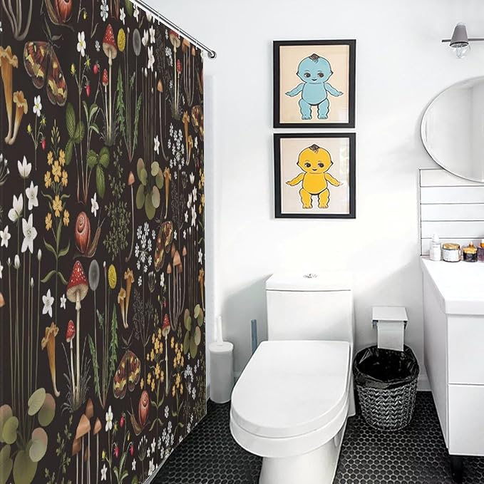 Mushroom Shower Curtain, Retro Wild Floral Botanical Mushroom Floral Moth Cottagecore Nature Plants Leave Herbs Black Farmhouse Waterproof Fabric Bathroom Shower Curtain Set with Hooks, 72"x72" Inch