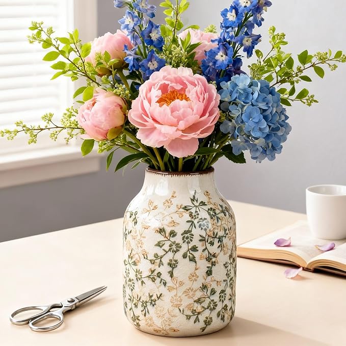 Green Vinatge Vase, Farmhouse Rustic Ceramic Flower Vase, Antique Chinoiserie Vases, Decorative Ice Cracked Large Vases for Home Decors, Living Dining Room Table, Shelf Decor, Office, 7.8 Inch