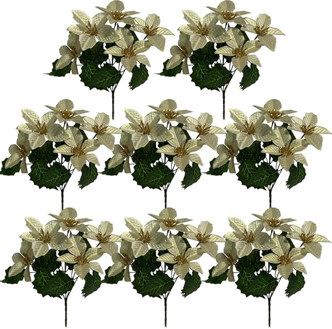 8 Pack 5 Heads Christmas Artificial Poinsettia Flowers Faux Poinsettia Bush Bouquets Silk Poinsettia Christmas Tree Ornaments Poinsettia Flower Arrangement for Home Decor