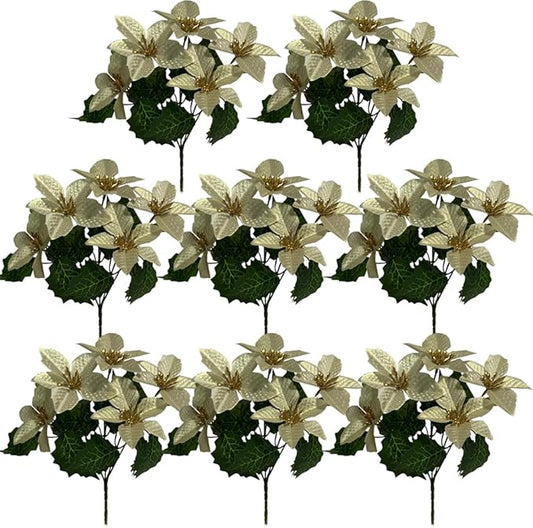 8 Pack 5 Heads Christmas Artificial Poinsettia Flowers Faux Poinsettia Bush Bouquets Silk Poinsettia Christmas Tree Ornaments Poinsettia Flower Arrangement for Home Decor