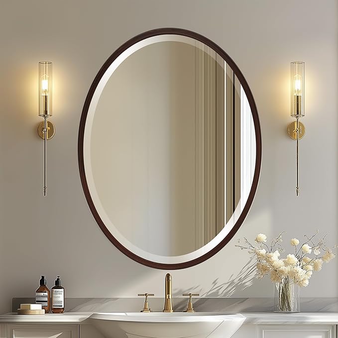 OVALCREST - Oval Wooden Beveled Wall Mirror for Home Decor, Bathroom, Vanity, Bedroom, Living Room, Hallway - London Style (Black Walnut) 17.1 x 13.1